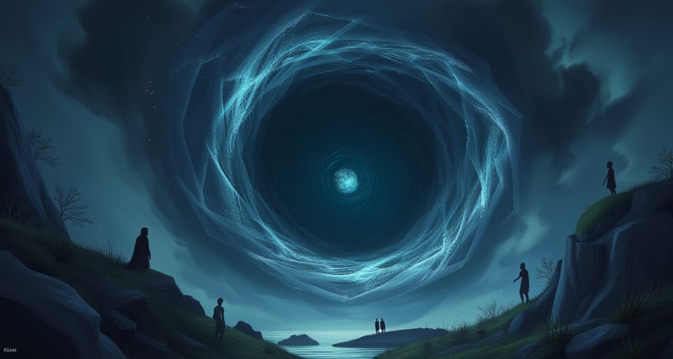  a darkened, swirling vortex in an enchanted landscape, with mystical creatures and ethereal beings looking on from the edges. a sense of despair and longing pervades the scene, as the vortex seems to trap the energy around it.. the style is digital art illustration,highly detailed, whimsical,magical, dreamlike atmosphere, realism and fantasy blend, smooth, glossy textures,luminous quality, wonder and enchantment.