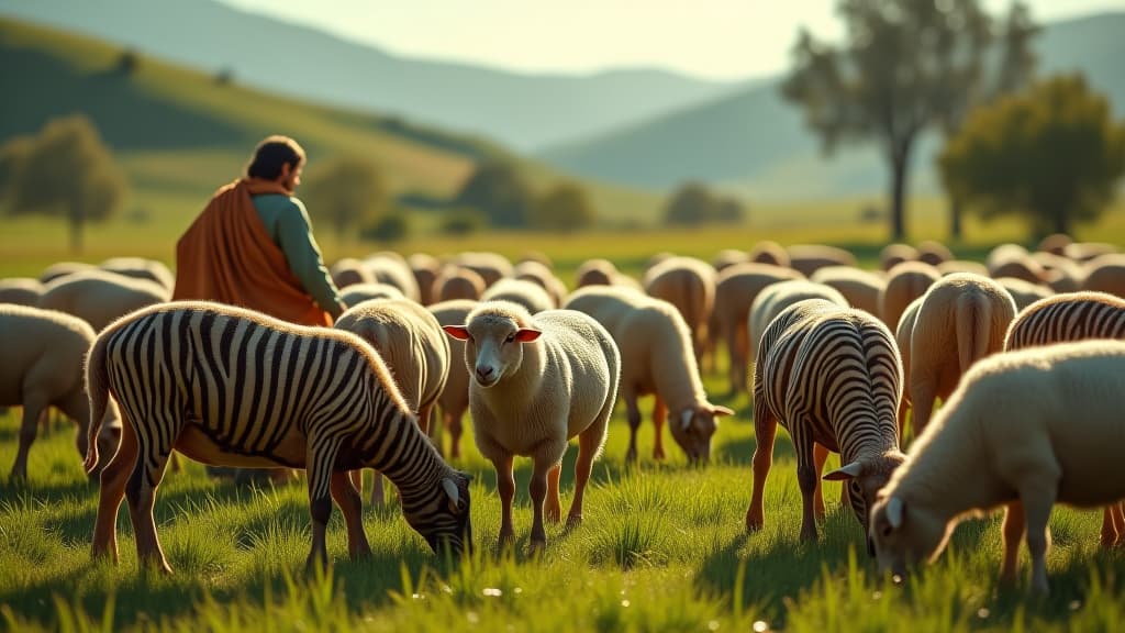  biblical times, jacob's salary: a vivid scene depicting striped and spotted sheep grazing in a lush pasture, under a bright sky, showcasing various patterns on the sheep's wool. the background includes rolling hills and trees, with jacob tending to his flock, highlighting the unique beauty of these animals. hyperrealistic, full body, detailed clothing, highly detailed, cinematic lighting, stunningly beautiful, intricate, sharp focus, f/1. 8, 85mm, (centered image composition), (professionally color graded), ((bright soft diffused light)), volumetric fog, trending on instagram, trending on tumblr, HDR 4K, 8K