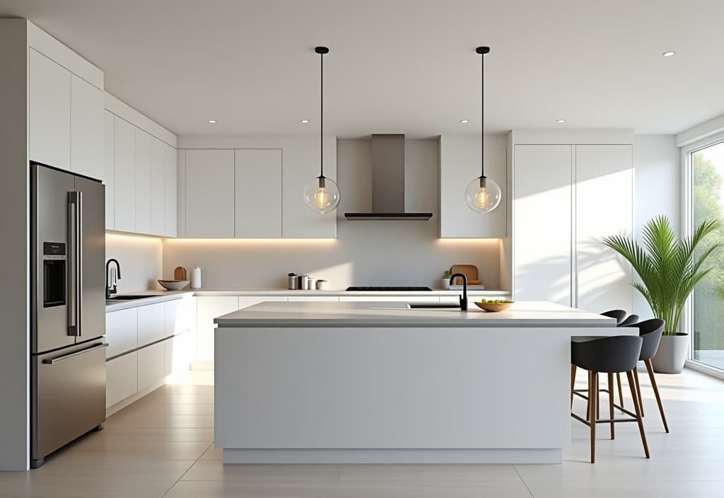  a landscape photo of a sleek contemporary kitchen with minimalist white cabinets, stainless steel appliances, and a large island with pendant lights, showcasing budget friendly design elements hyperrealistic, full body, detailed clothing, highly detailed, cinematic lighting, stunningly beautiful, intricate, sharp focus, f/1. 8, 85mm, (centered image composition), (professionally color graded), ((bright soft diffused light)), volumetric fog, trending on instagram, trending on tumblr, HDR 4K, 8K