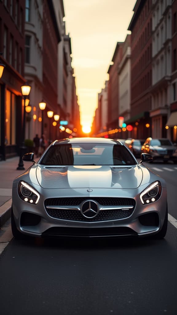  a sleek, legendary mercedes car parked on an elegant city street at sunset. the vehicle shines in a brilliant metallic silver finish, with intricate detailing on the grille and headlights. surrounding the car are luxury buildings, their windows reflecting the warm hues of the setting sun. the atmosphere captures a sense of sophistication and timeless style, highlighted by the soft glow of streetlamps starting to illuminate the scene.