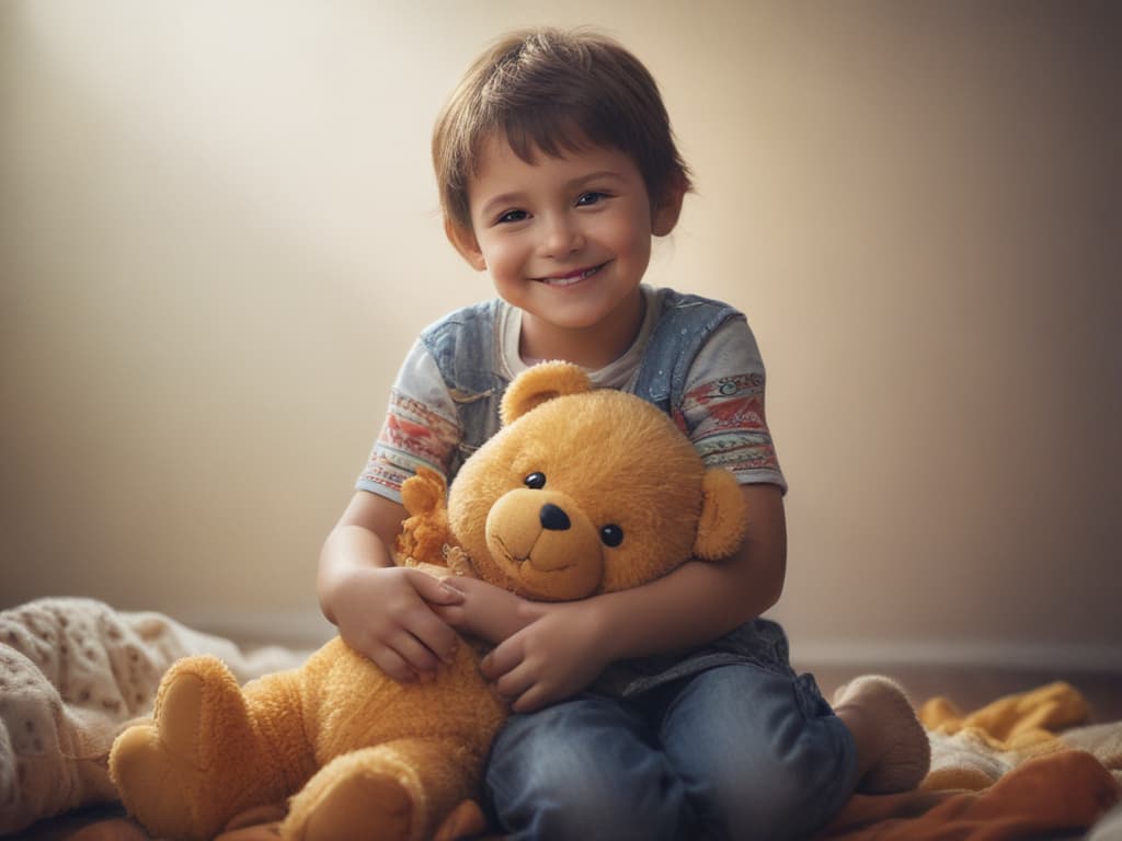 ultra realistic ((ultra realistic ((a child hugging their favorite toy and smiling)))) hyperrealistic, full body, detailed clothing, highly detailed, cinematic lighting, stunningly beautiful, intricate, sharp focus, f/1. 8, 85mm, (centered image composition), (professionally color graded), ((bright soft diffused light)), volumetric fog, trending on instagram, trending on tumblr, HDR 4K, 8K