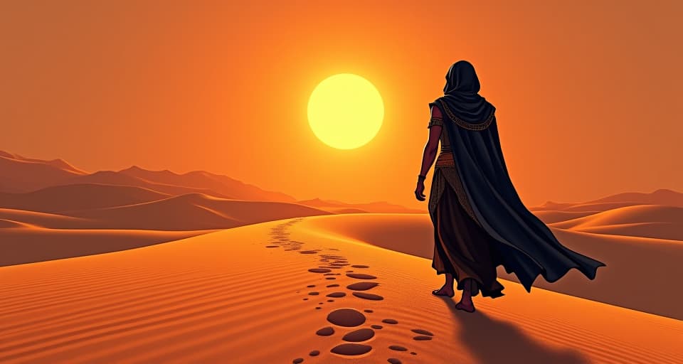  desert scene with a clear demarcation line in the sand, one side fraught with danger, other side serene, setting sun, symbolizing divine protection. the style is digital art illustration / modern comic book / mysterious occult, symbolic, esoteric vibe,high detail on character design, incorporating ancient egyptian symbology and attire.