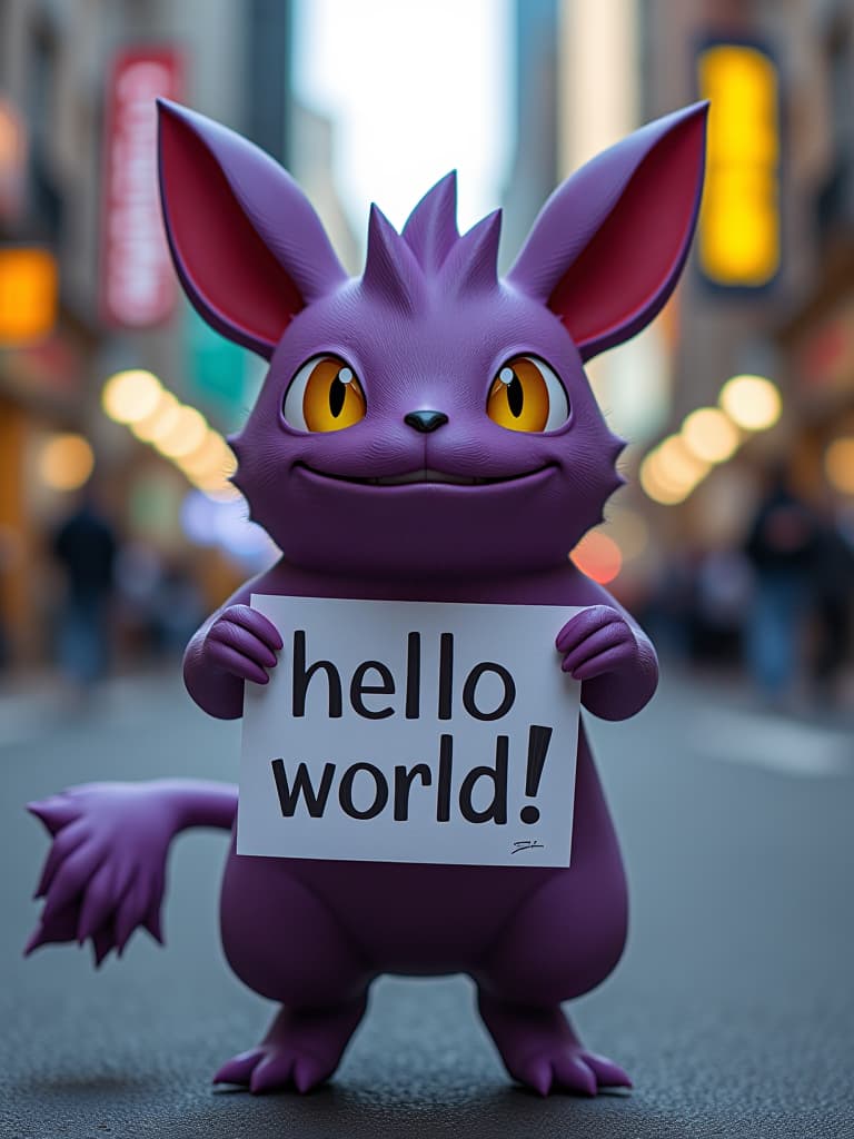  a cute gengar pokemon holding a sign with the text “hello world!” in a new york street hyperrealistic, full body, detailed clothing, highly detailed, cinematic lighting, stunningly beautiful, intricate, sharp focus, f/1. 8, 85mm, (centered image composition), (professionally color graded), ((bright soft diffused light)), volumetric fog, trending on instagram, trending on tumblr, HDR 4K, 8K