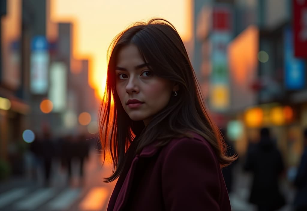  depth of field, establishing shot, character, caucasian woman, cinematic, realistic, tokyo in background, dawn