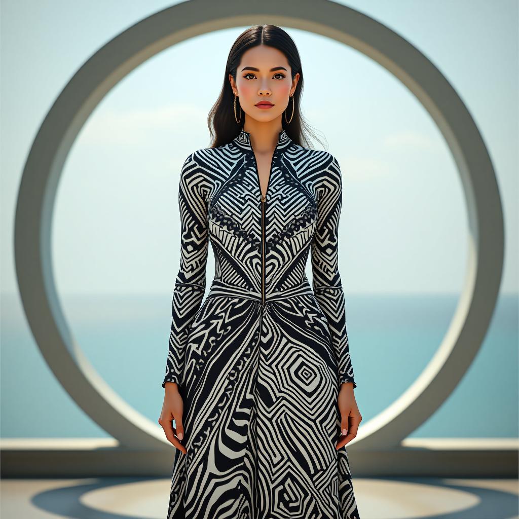  "create an elegant, modest tight fit swim suit with pants design for a middle eastern woman. the model should be 170 cm tall and weigh around 60 kg. the swimwear consists of a long sleeve top with a high neck and front zipper closure. the fabric is a polyester blend, ideal for swimwear, featuring a geometric white and black abstract pattern. the design includes a matching sarong style skirt, with the same geometric pattern draping over the waist and down to the ankles. the overall look should be chic and suitable for beachwear, with a sophisticated balance of modesty and modern style. background: the model is standing by the ocean, framed by a circular archway."  hyperrealistic, full body, detailed clothing, highly detailed, cinematic lighting, stunningly beautiful, intricate, sharp focus, f/1. 8, 85mm, (centered image composition), (professionally color graded), ((bright soft diffused light)), volumetric fog, trending on instagram, trending on tumblr, HDR 4K, 8K