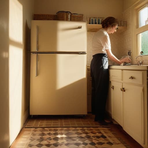 A photo of a technician repairing a vintage refrigerator in a quaint retro-styled kitchen during the golden hour with warm, soft, and diffused sunlight streaming through the window, casting long shadows across the checkered floor.