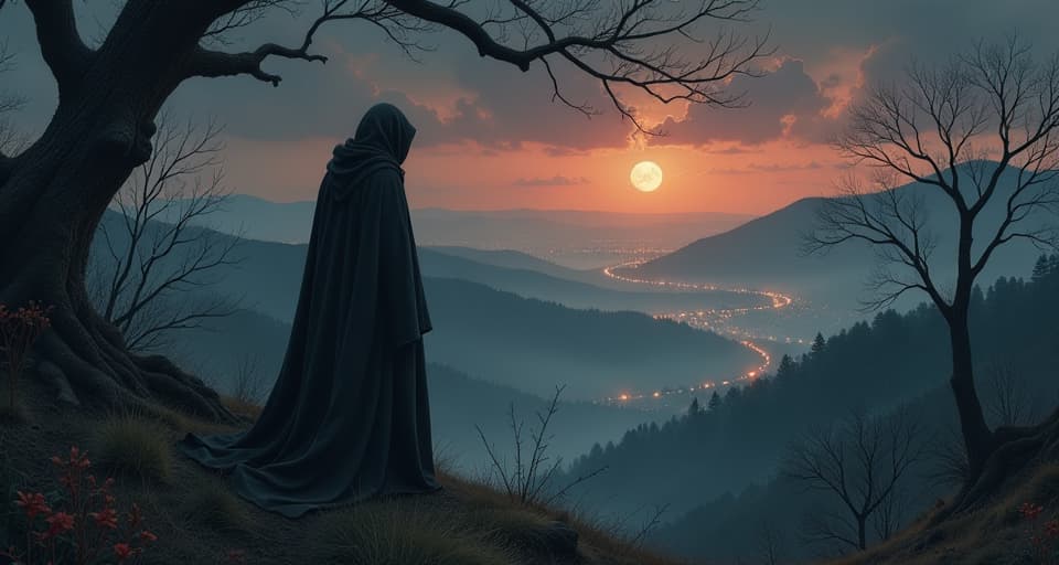  a robed figure on a journey, twilight landscape, distant city of lights, path shrouded in mist, contemplative, serene. an illustration in the style of a worn, mystical old tarot trump card, mysterious and elements of surrealism. the colors are muted, somber and eerie, but with contrast bring out an occult and esoteric vibe.