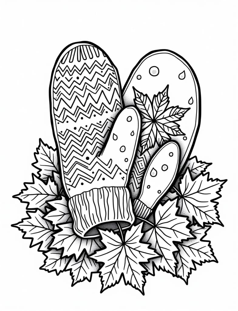  a pair of knitted mittens resting on a pile of autumn leaves, black and white line art on a white background, for an adult coloring page.