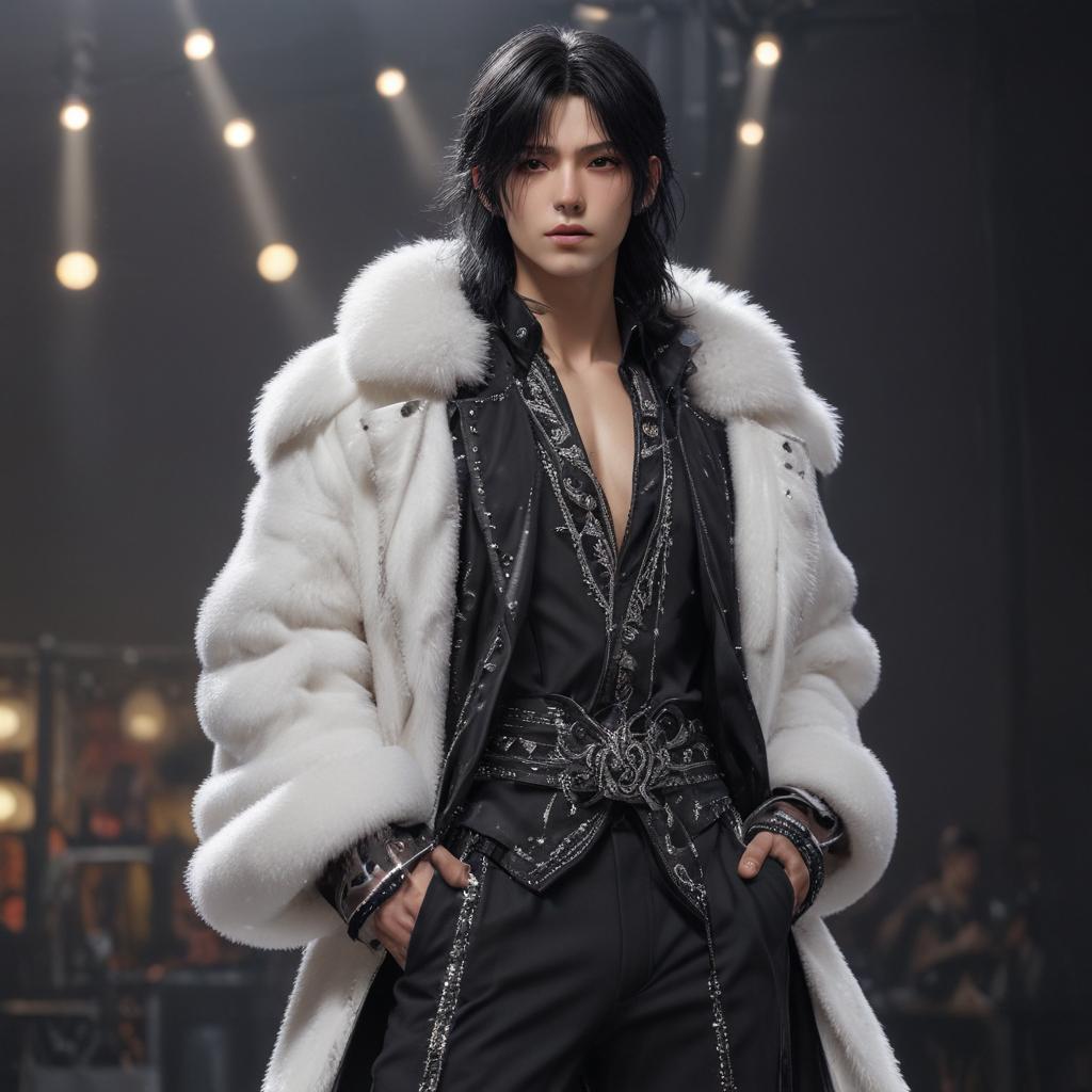 ((masterpiece)),(((best quality))), 8k, high detailed, ultra detailed, An illustration of Ren Meguro from the idol group SNOW MAN, A boy with long black hair, wearing a stylish outfit, surrounded by glittering stage lights, microphone in hand, performing on a stage hyperrealistic, full body, detailed clothing, highly detailed, cinematic lighting, stunningly beautiful, intricate, sharp focus, f/1. 8, 85mm, (centered image composition), (professionally color graded), ((bright soft diffused light)), volumetric fog, trending on instagram, trending on tumblr, HDR 4K, 8K