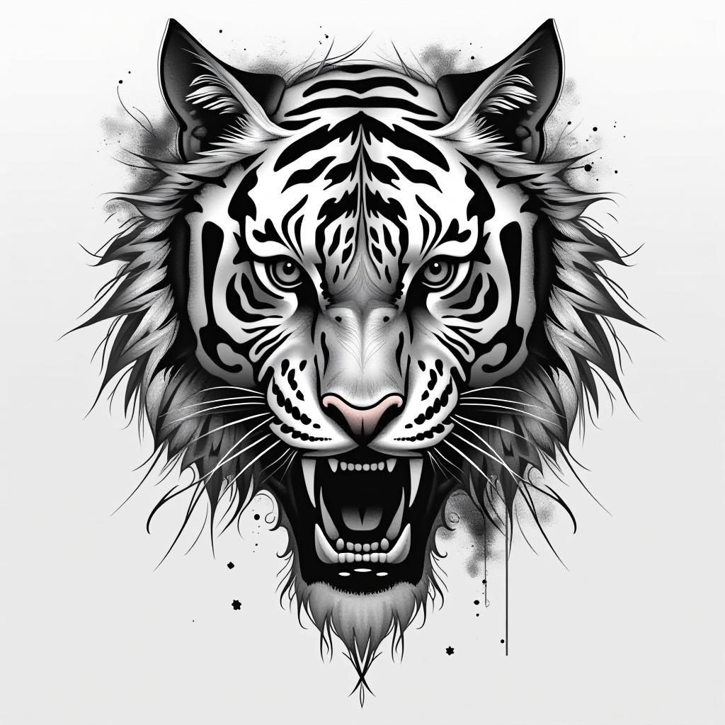  create a tattoo design of tiger , in the style of blackwork which is featuring bold black lines and shading, often with a focus on abstract or surreal imagery, on a white background