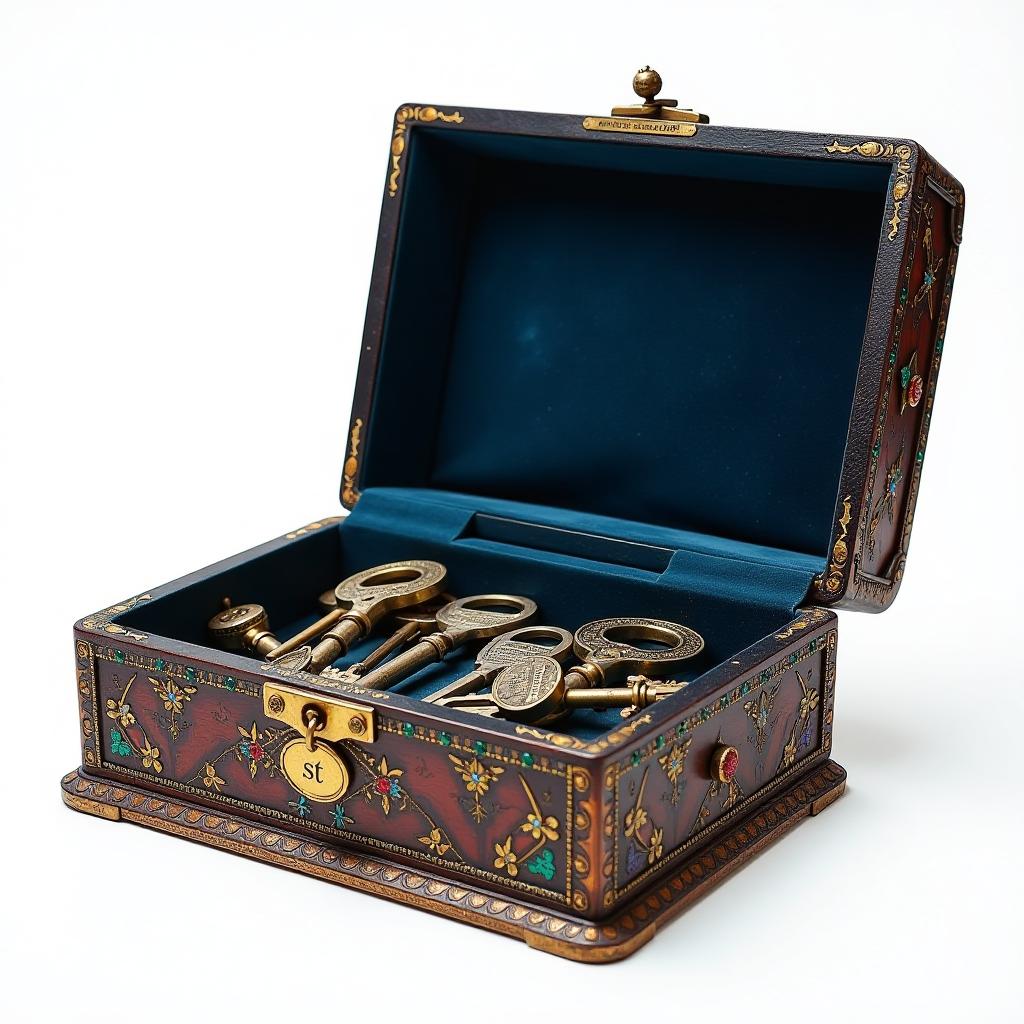  i look into a large, open, ancient, elegant box with a gold edging inlaid with emeralds, sapphires, rubies stuffed with keys and tools. located flat, full face, right in front of my face inside a dark blue velour. on the case of the box is a tag that says "st" in gold. clear image of white background