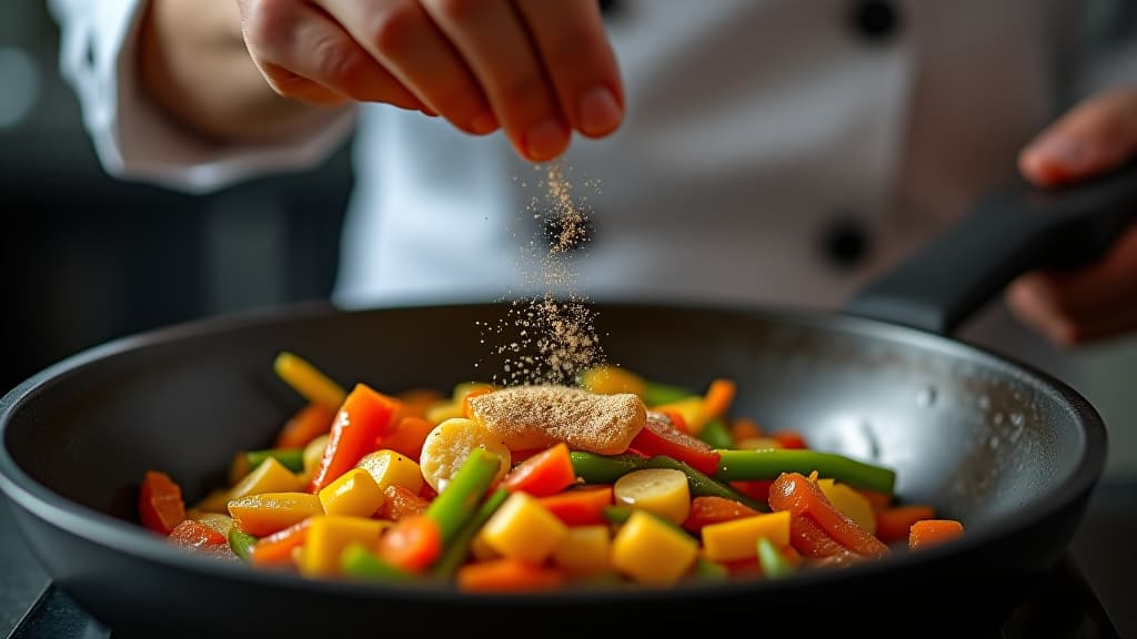  a chef sprinkles seasoning over a vibrant vegetable stir fry in a sizzling pan, capturing the essence of culinary artistry.