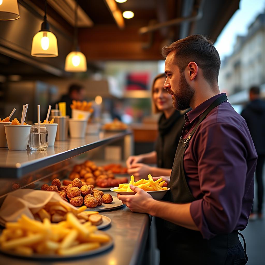  greek polish male in his 40s named lou from upstate new york selling escargot fries and carne asada chips in paris with his wife amber and daughter bella