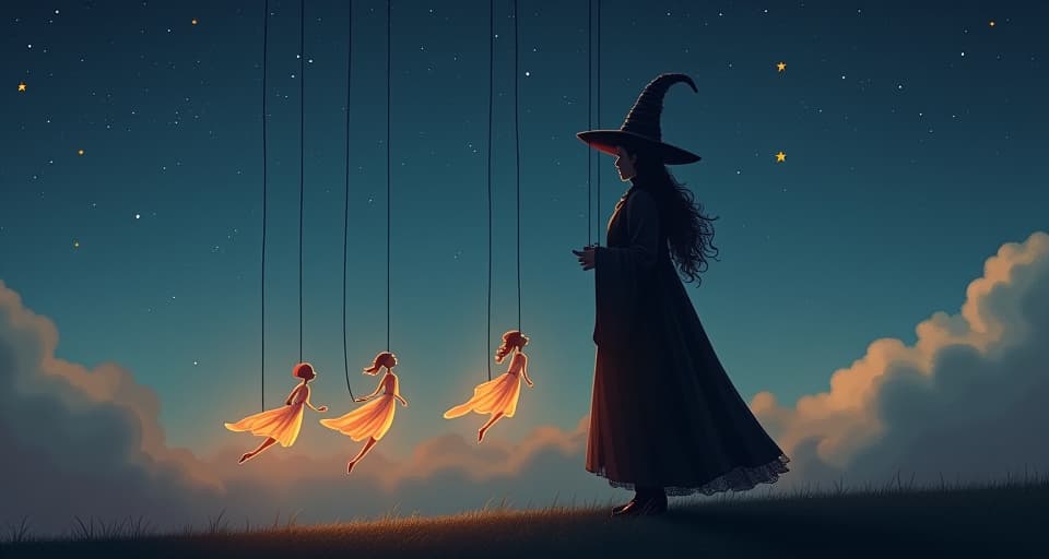  a mystical puppet master, holding strings that control glowing, ethereal figures against a backdrop of a serene, starry night. the mood is one of quiet, calculated influence.. the style is digital art illustration,highly detailed, whimsical,magical, dreamlike atmosphere, realism and fantasy blend, smooth, glossy textures,luminous quality, wonder and enchantment.