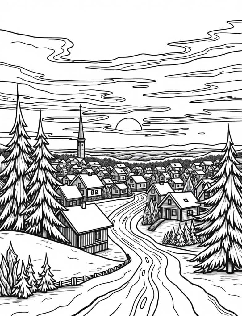  this is for an adult coloring page. a detailed black and white line art of a snowy winter sunrise over a snow covered town on a solid white background.