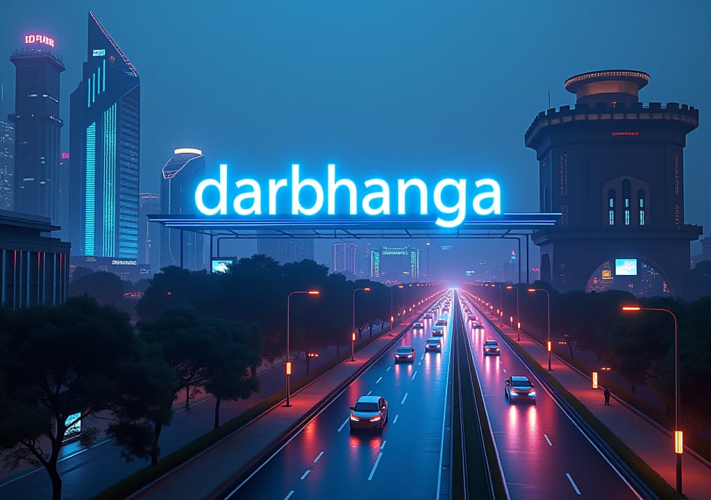  a futuristic, cyber themed depiction of darbhanga as a smart city. the scene showcases advanced skyscrapers with glowing neon lights, sleek autonomous vehicles on the roads, and high tech public spaces. the streets are clean and bustling with people, connected by a network of digital displays and holograms that provide real time information. traditional elements like the darbhanga fort are seamlessly integrated into the modern skyline, blending history with innovation. the word 'darbhanga' appears prominently in a stylized, digital font, possibly as a holographic sign or on a futuristic building, symbolizing the city's leap into a high tech future.