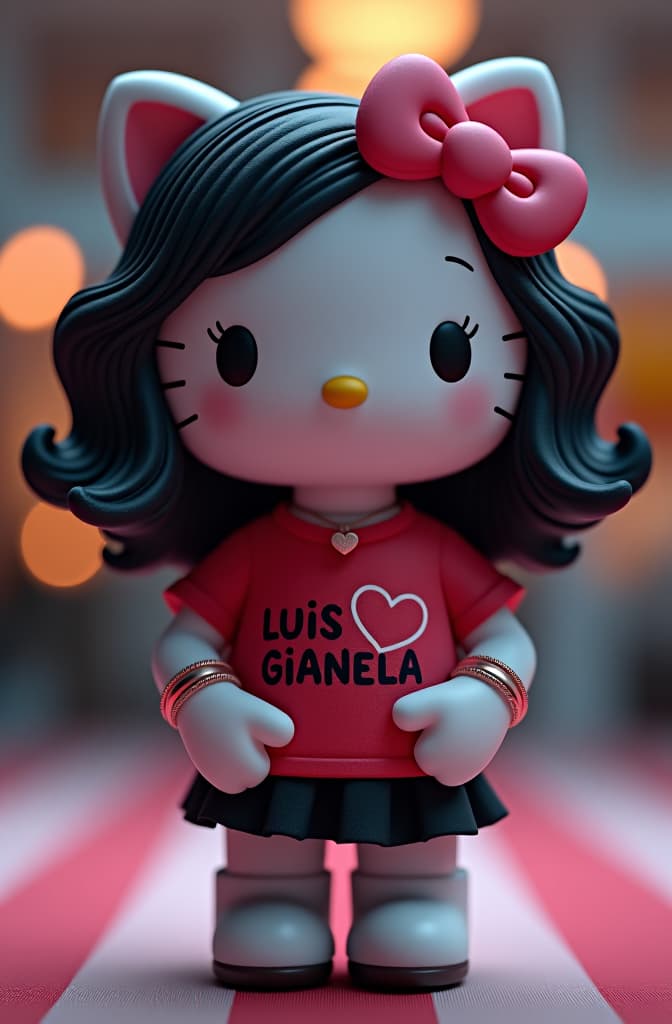  hello kitty with a shirt that says luis and gianela inside a heart, bracelets on her wrists, a necklace with a heart, pink bows on her ears, wavy black hair that reaches her neck hyperrealistic, full body, detailed clothing, highly detailed, cinematic lighting, stunningly beautiful, intricate, sharp focus, f/1. 8, 85mm, (centered image composition), (professionally color graded), ((bright soft diffused light)), volumetric fog, trending on instagram, trending on tumblr, HDR 4K, 8K