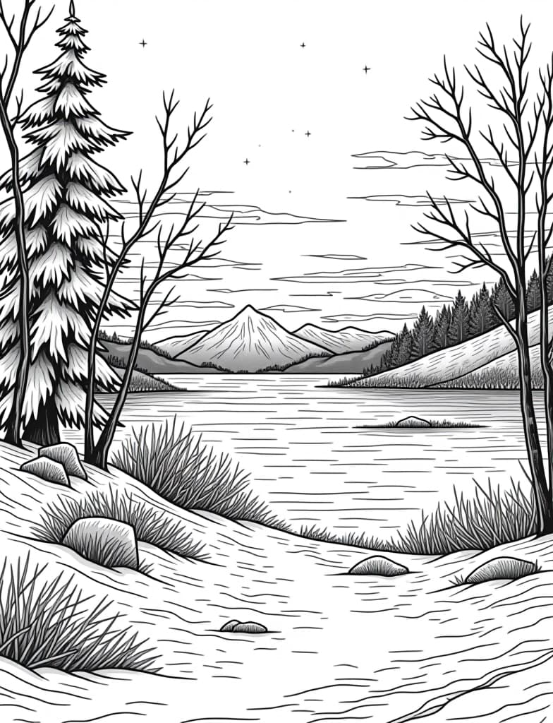  this is for an adult coloring page. a detailed black and white line art of a snowy winter sunset over a frozen lake on a solid white background.