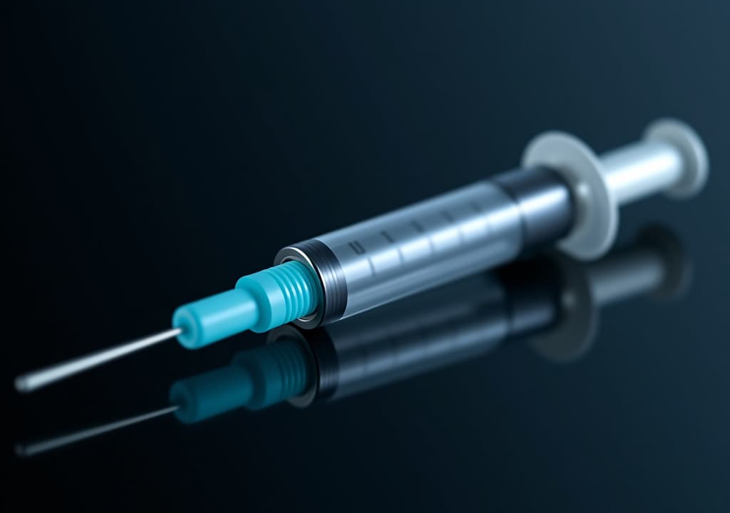  close up of metallic syringe on dark background for medical and vaccination themes. detailed syringe with reflective surface highlighting healthcare equipment.