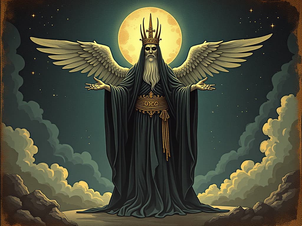  prophet delivering messages, guidance, warning, hope, celestial backdrop, enlightening. an illustration in the style of a worn, mystical old tarot trump card, mysterious and elements of surrealism. the colors are muted, somber and eerie, but with contrast bring out an occult and esoteric vibe.