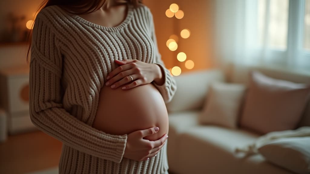  woman in cozy knit outfit cradling her stomach in a warm, serene indoor setting, high quality, high details, hd, perfect composition, 4k epic detailed, highly detailed, sharp focus, high resolution