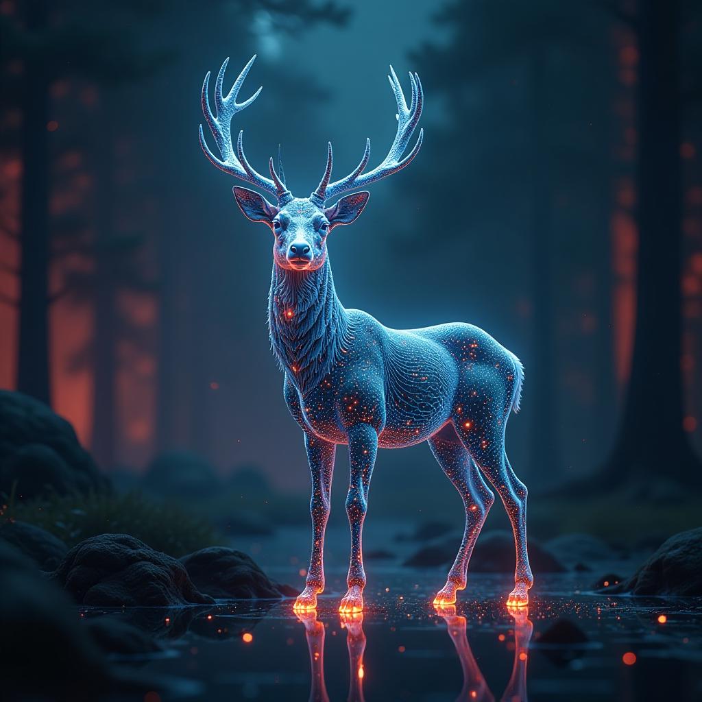  luminescent digital stag in futuristic circuit environment, high quality, high details, hd, perfect composition, 4k epic detailed, highly detailed, sharp focus, high resolution