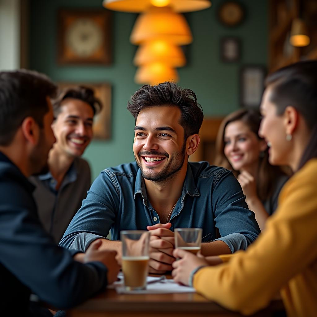  photographic, 8k, masterpiece, high quality, detailed, clear facial features, clear visible teeth, detailed eyes, max's friends sit around a table at a local café, laughing and teasing him as he forces a smile. max's face: max's face is a canvas of transformation. in the beginning, his features seemed plagued by a constant pallor, the result of long hours at an unfulfilling job. his eyes, a muted hazel with a hint of golden flecks, often appeared distant, as if always searching for something beyond his reach. his jawline, strong but usually tightened with stress, softened with the newfound joy of discovery. as he returns from his travels, his complexion glows with a healthy tan, hinting at the various climates he has experienced. his eyes hyperrealistic, full body, detailed clothing, highly detailed, cinematic lighting, stunningly beautiful, intricate, sharp focus, f/1. 8, 85mm, (centered image composition), (professionally color graded), ((bright soft diffused light)), volumetric fog, trending on instagram, trending on tumblr, HDR 4K, 8K