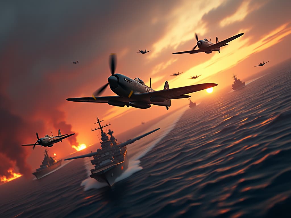  a dramatic depiction of the battle of the philippine sea, june 19, 1944, showcasing the clash between the united states navy's fifth fleet and the japanese imperial fleet. capture the intense aerial dogfights between american f6f hellcats and japanese zero fighters, with aircraft carriers and warships in the background amidst a fiery sky. the scene should express the chaos and valor of naval warfare during world war ii. hyperrealistic, full body, detailed clothing, highly detailed, cinematic lighting, stunningly beautiful, intricate, sharp focus, f/1. 8, 85mm, (centered image composition), (professionally color graded), ((bright soft diffused light)), volumetric fog, trending on instagram, trending on tumblr, HDR 4K, 8K