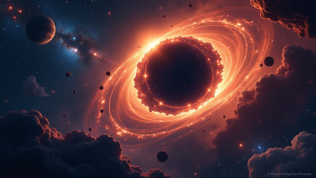  prompt: create an ultra realistic and detailed image showcasing a mesmerizing hawking star, a star with a black hole at its center. the composition should capture the complex and mysterious nature of these celestial bodies. include a vivid depiction of a star with a swirling black hole at its core, surrounded by a diverse array of celestial elements like galaxies, nebulae, and cosmic dust. incorporate brands like nasa and esa subtly in the background. ensure every pixel is razor sharp to convey