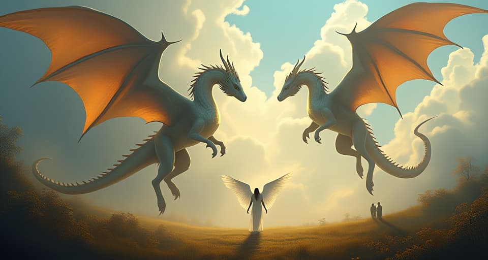  majestic dragons, their scales gleaming, circling above a lone, ethereal angel standing firm in a radiant clearing. nearby, humbled figures watch, embodying the deterrent effect of divine justice.. the style is digital art illustration,highly detailed, whimsical,magical, dreamlike atmosphere, realism and fantasy blend, smooth, glossy textures,luminous quality, wonder and enchantment.