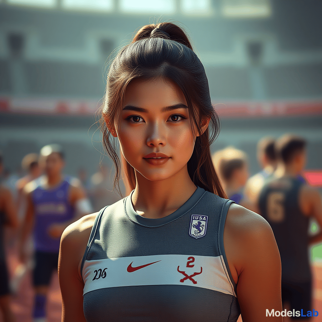  create a picture of a <sporting event>, in the center is a beautiful, young, athletic <woman> of asian descent. in the background you can see other <athletes> of different genders and origins in <a stadium>. hyperrealistic, full body, detailed clothing, highly detailed, cinematic lighting, stunningly beautiful, intricate, sharp focus, f/1. 8, 85mm, (centered image composition), (professionally color graded), ((bright soft diffused light)), volumetric fog, trending on instagram, trending on tumblr, HDR 4K, 8K