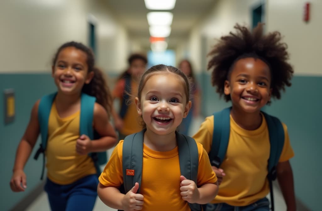  close up of happy children of different nationalities, with backpacks on their backs, running down a well lit american school corridor, background blurred ar 3:2, (natural skin texture), highly detailed face, depth of field, hyperrealism, soft light, muted colors