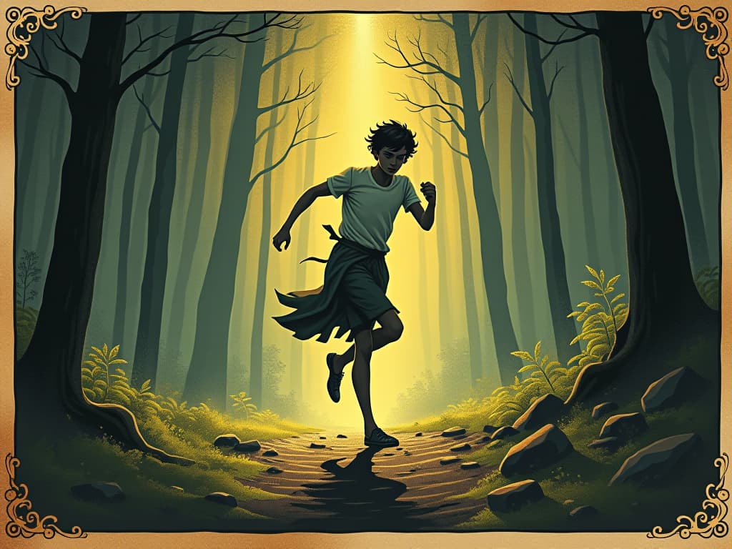  a young, vigorous figure running through a sunlit forest, light beams piercing through foliage, exuding vitality and potential. an illustration in the style of a worn, mystical old tarot trump card, mysterious and elements of surrealism. the colors are muted, somber and eerie, but with contrast bring out an occult and esoteric vibe.