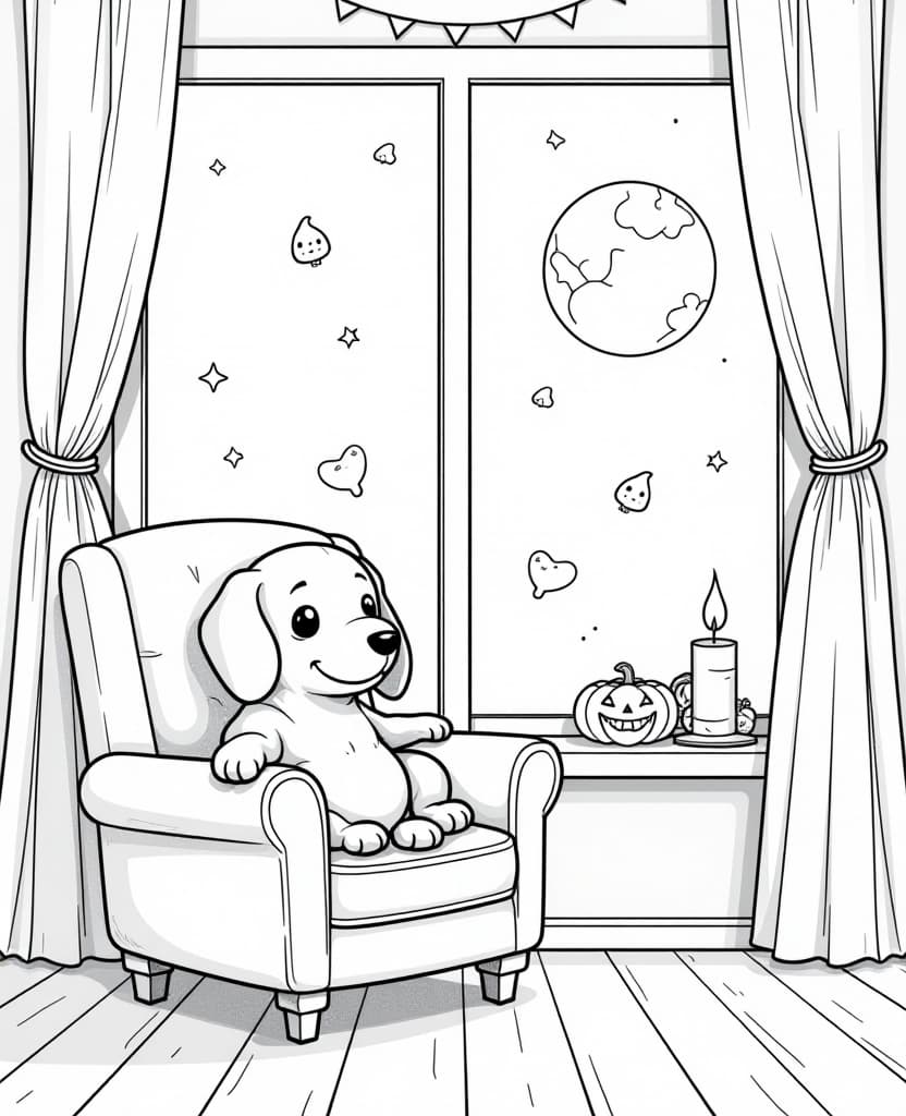  centered black and white high contrast line drawing, coloring book style,kawaii short haired dachshund dog standing next to a halloween themed window: he's curled up on an armchair in front of a large window, from which a full moon can be seen softly illuminating the night. the window is adorned with kawaii ghost print curtains and small hanging pumpkin figurines. on the windowsill, there's a row of smiling mini pumpkins and a flickering candle that reflects a warm, cozy light throughout the room, creating a peaceful and charming halloween atmosphere., monochrome, blank white background