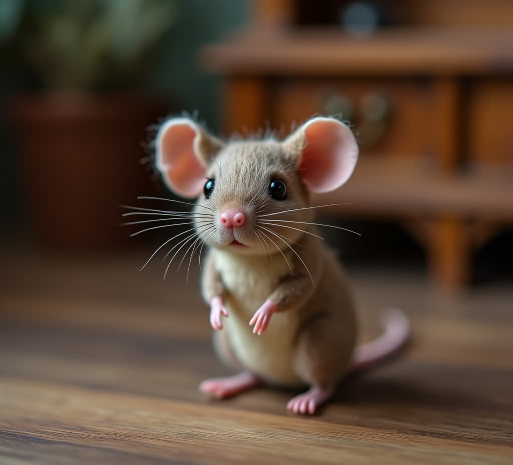  a curious mouse in a vintage setting, close up, felted toy, antique furniture, mouse figurine, vintage, antique