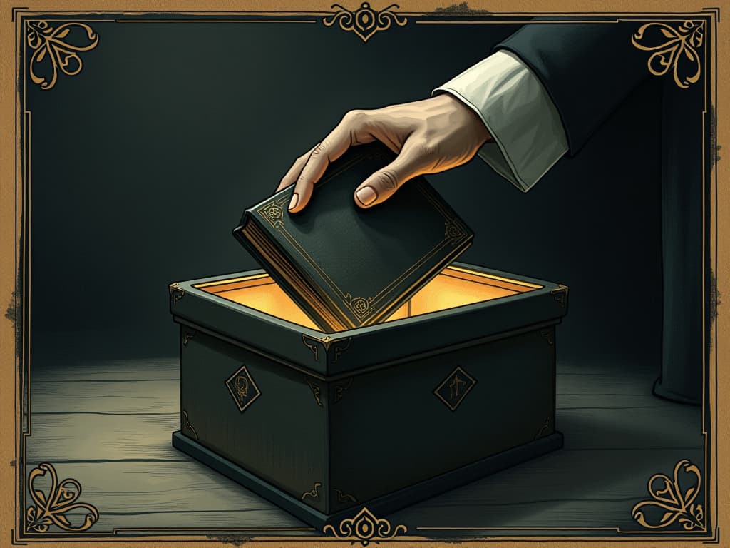  a person placing a dark book into a box, feeling of release, dim lighting giving way to subtle light, atmosphere of liberation. an illustration in the style of a worn, mystical old tarot trump card, mysterious and elements of surrealism. the colors are muted, somber and eerie, but with contrast bring out an occult and esoteric vibe.