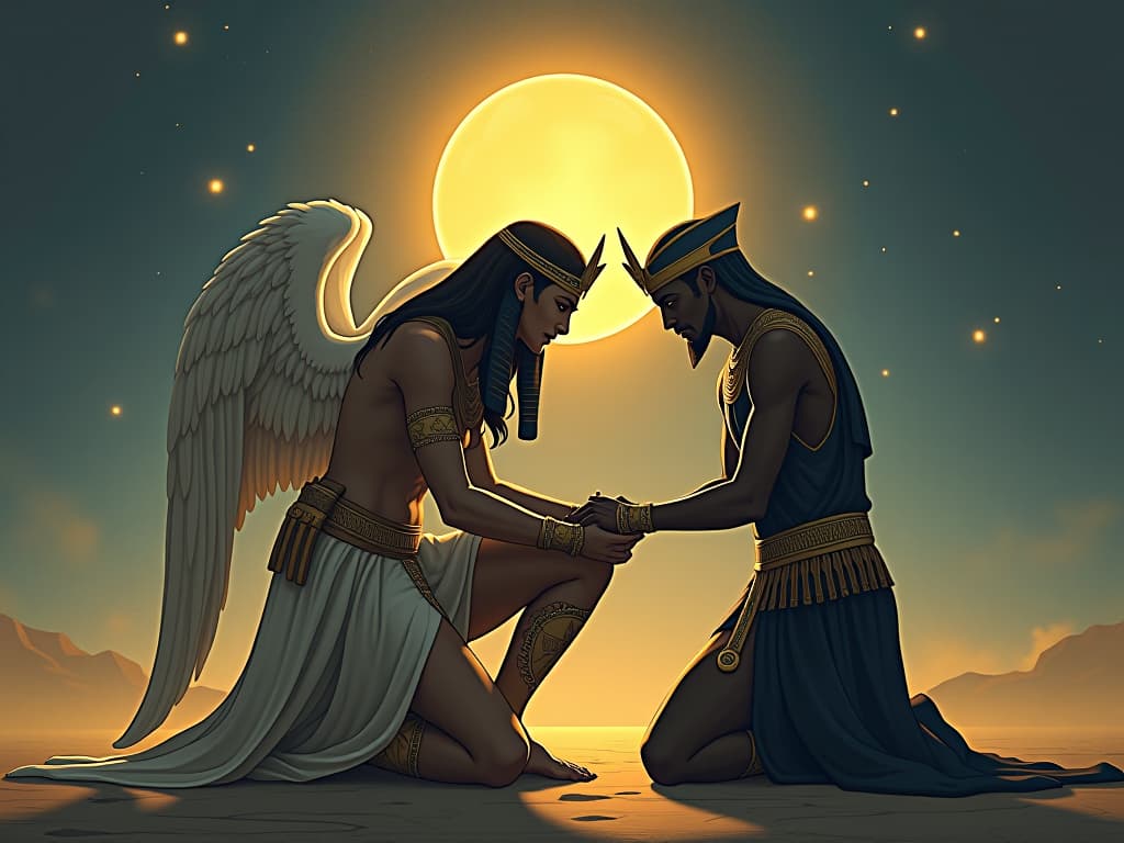  an angelic figure, kneeling to offer aid to a wounded warrior, celestial glow around them, mood of selfless service. the style is digital art illustration / modern comic book / mysterious occult, symbolic, esoteric vibe,high detail on character design, incorporating ancient egyptian symbology and attire.