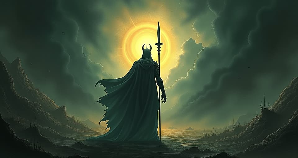  a luminous warrior standing defiant in a dark, tumultuous landscape, aura of light shielding from shadowy attacks, focus, strength, unyielding presence. an illustration in the style of a worn, mystical old tarot trump card, mysterious and elements of surrealism. the colors are muted, somber and eerie, but with contrast bring out an occult and esoteric vibe.