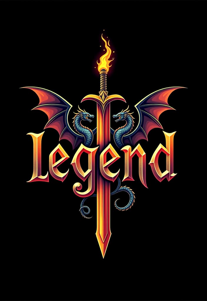  design a logo, custom sticker design on an isolated black background with the words ‘legend’ in bold font decorated by mythical dragons and a flaming sword