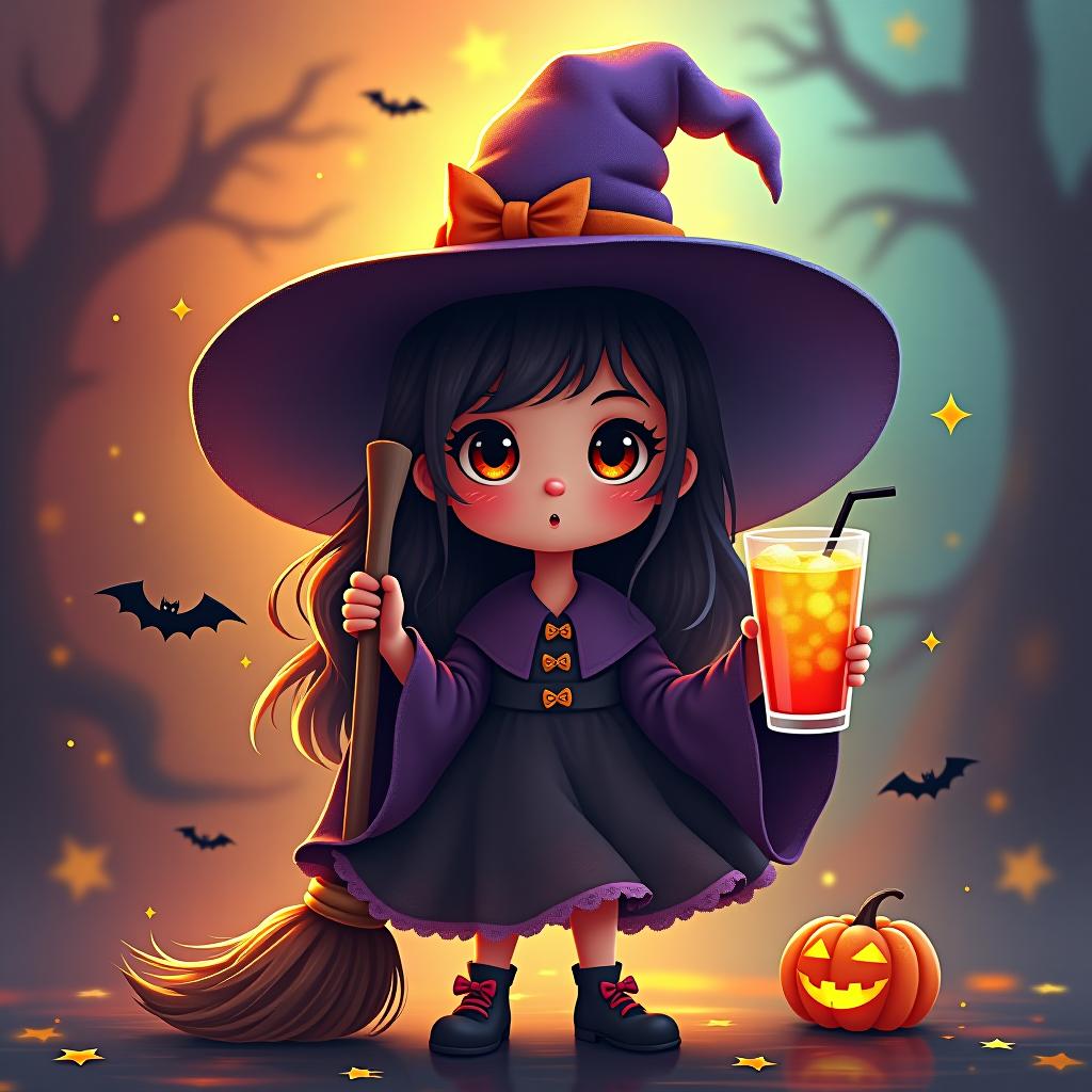  create a digital painting featuring a cute witch character. the witch should be wearing a hat. in one hand, the witch should hold a broomstick, and in the other hand, a halloween themed drink. the background should be colorful and include small black bats, pumpkins and stars to add a playful halloween touch. the overall style should be cute, whimsical, and colorful hyperrealistic, full body, detailed clothing, highly detailed, cinematic lighting, stunningly beautiful, intricate, sharp focus, f/1. 8, 85mm, (centered image composition), (professionally color graded), ((bright soft diffused light)), volumetric fog, trending on instagram, trending on tumblr, HDR 4K, 8K