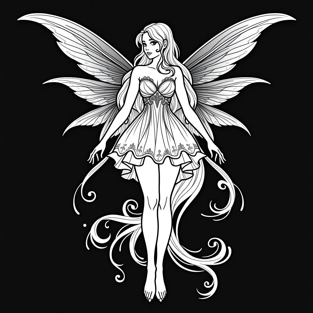  art nouveau style a black white vector contour of a fairy with wings, a fairy is full of height, in a short dress with very long blond hair of the contour line . elegant, decorative, curvilinear forms, nature inspired, ornate, detailed hyperrealistic, full body, detailed clothing, highly detailed, cinematic lighting, stunningly beautiful, intricate, sharp focus, f/1. 8, 85mm, (centered image composition), (professionally color graded), ((bright soft diffused light)), volumetric fog, trending on instagram, trending on tumblr, HDR 4K, 8K