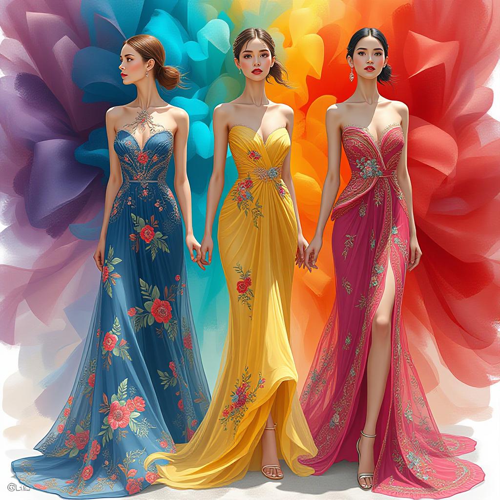  fashion illustration of women wearing colorful dresses with backgrounds, tulle and precious embroidery, award winning, professional, highly detailed, masterpiece