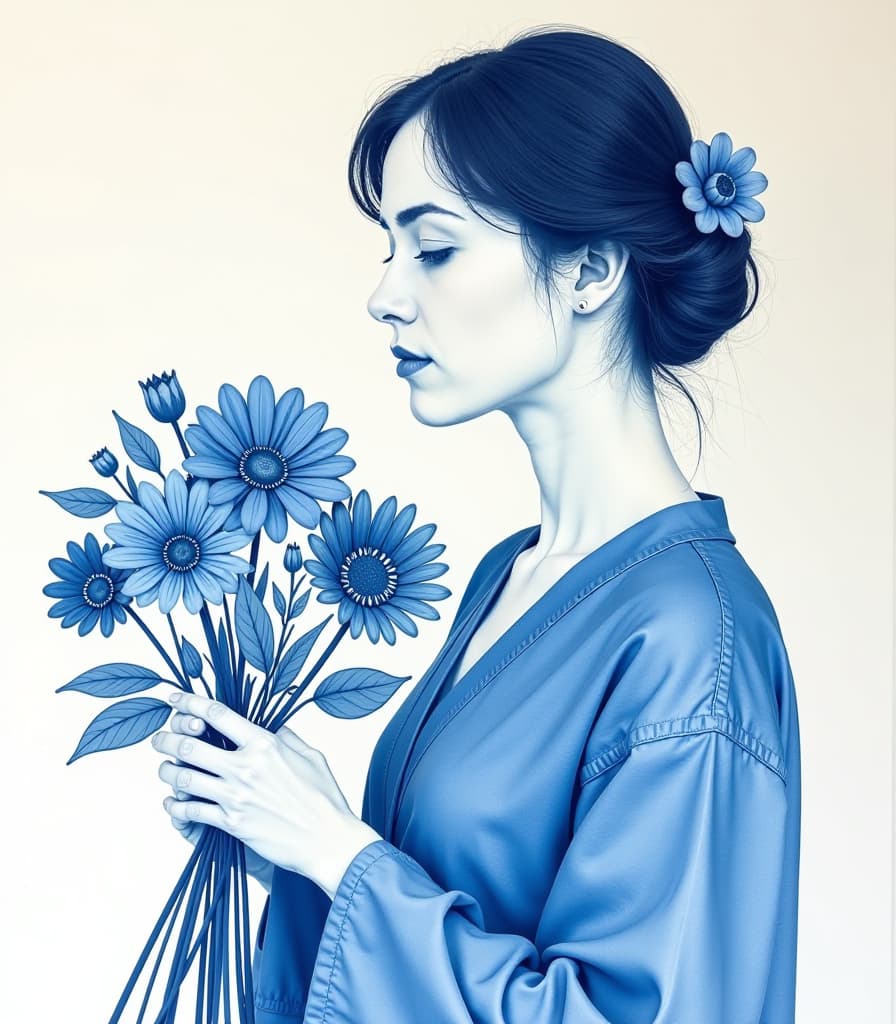  woman holds flowers, portrait made in (shibori technique:1.4), white and blue.