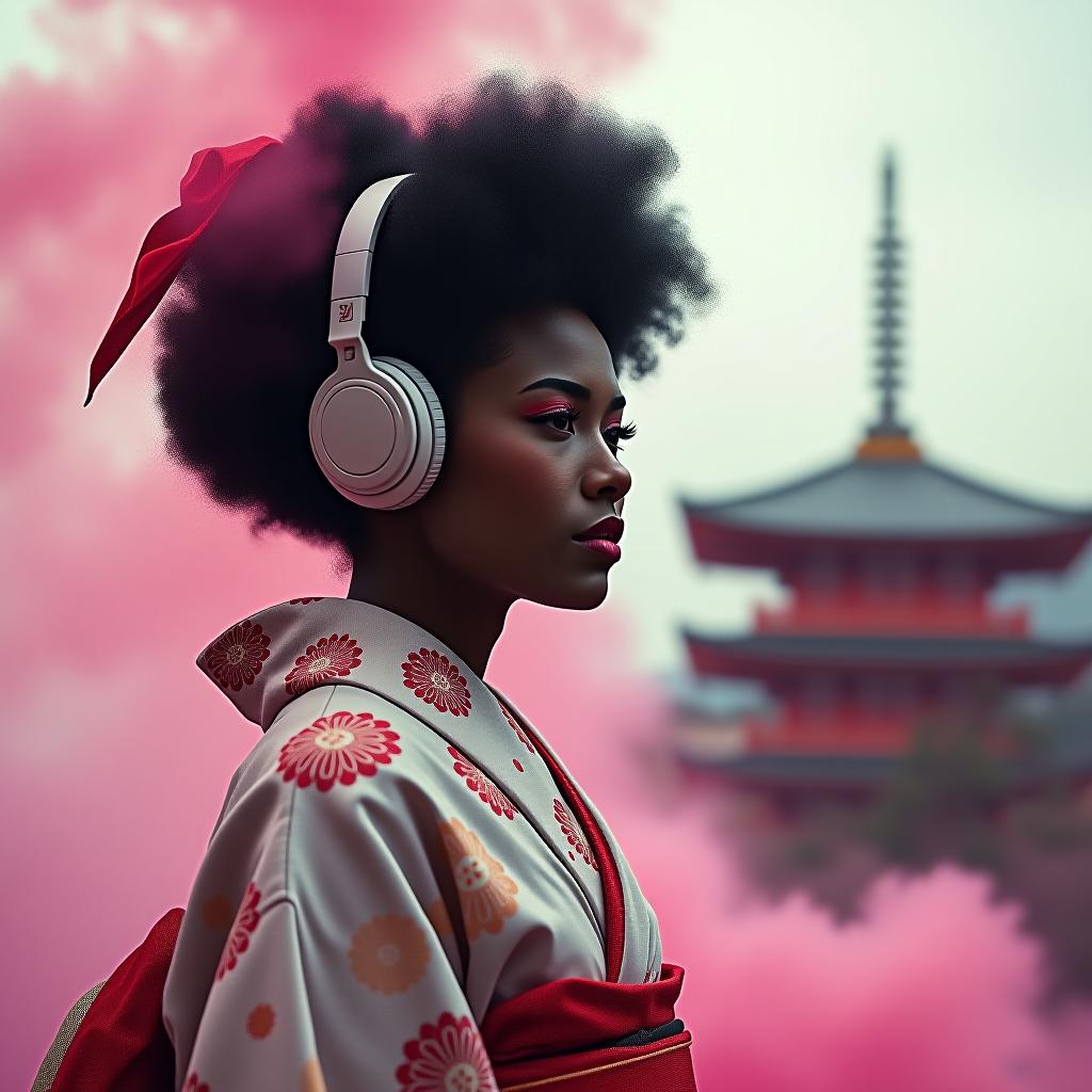  black afro geisha wearing headphones | pink smoke background | stock photo | uhd; cross processing | colorized | japanese house in the background