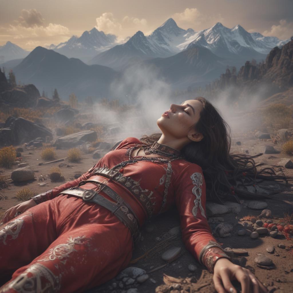 ((masterpiece)),(((best quality))), 8k, high detailed, ultra detailed, a tribe woman dead lying on the ground eyes closed blood, (ritualistic symbols), (smoke rising), (distant mountains) hyperrealistic, full body, detailed clothing, highly detailed, cinematic lighting, stunningly beautiful, intricate, sharp focus, f/1. 8, 85mm, (centered image composition), (professionally color graded), ((bright soft diffused light)), volumetric fog, trending on instagram, trending on tumblr, HDR 4K, 8K