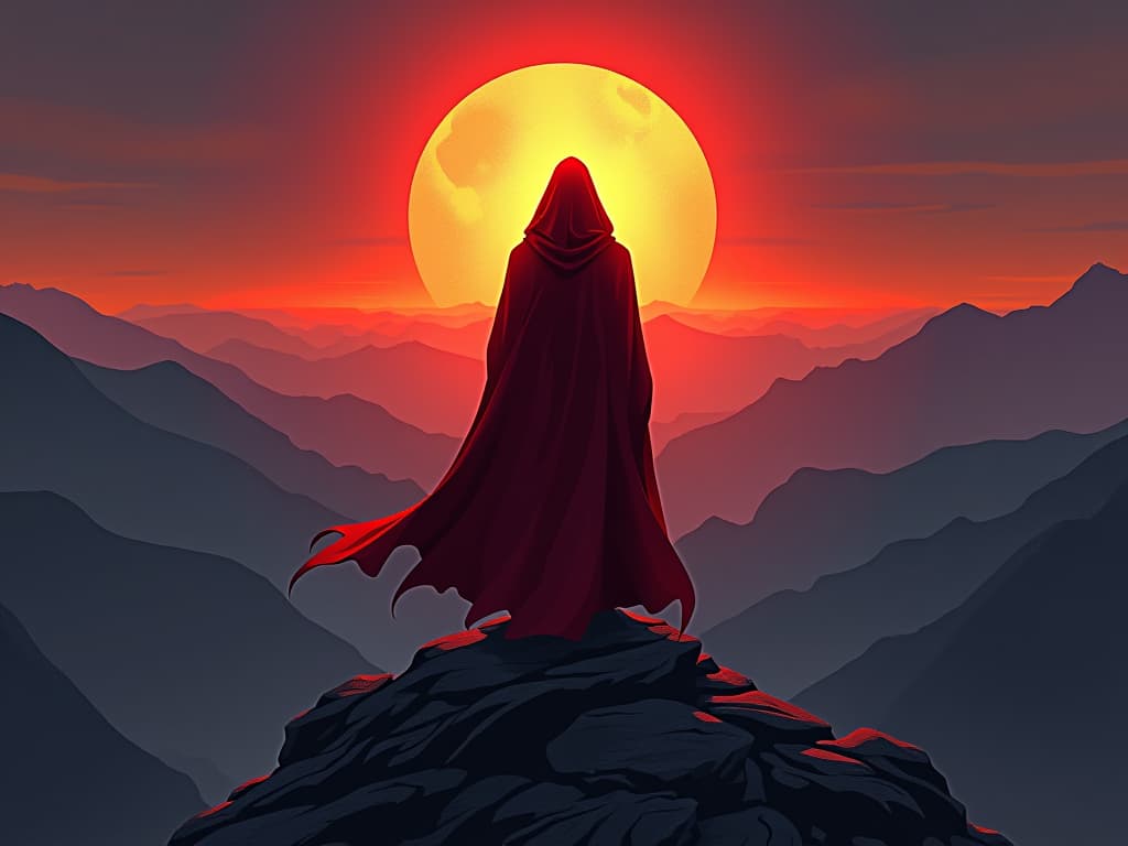  figure in red robes, standing on mountaintop, dawn breaking, confident gaze, feeling of alignment. the style is digital art illustration / modern comic book / graphic dark novel fantasy and mysterious occult, symbolic, moody lighting, esoteric vibe,high detail on character design. for the color scheme emphasize blacks and reds.