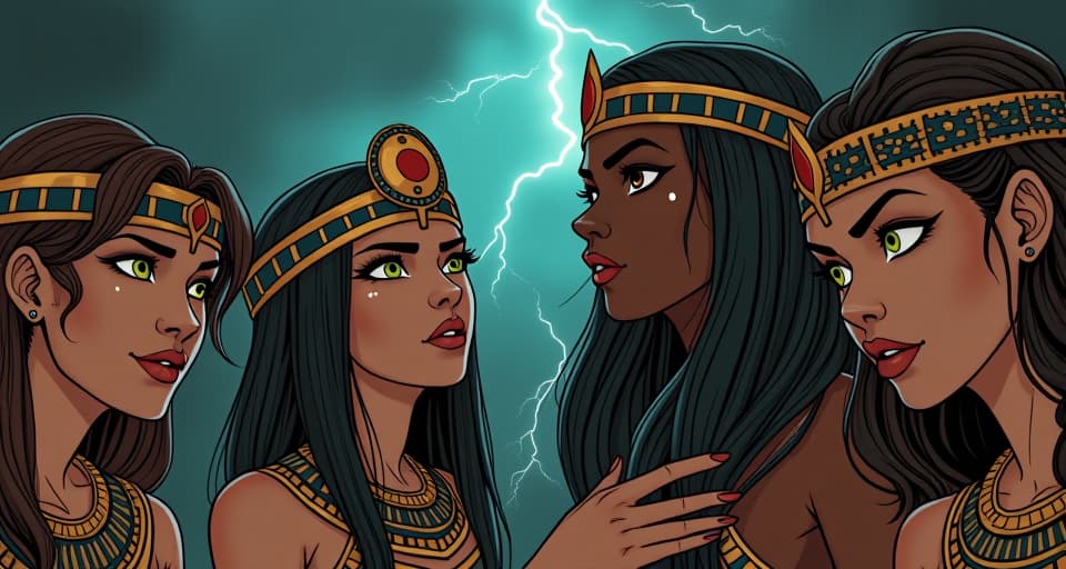  wide eyed friends, expressions filled with awe, voices tinged with wonder and confusion as they ask how the storm was calmed.. the style is digital art illustration / modern comic book / mysterious occult, symbolic, esoteric vibe,high detail on character design, incorporating ancient egyptian symbology and attire.