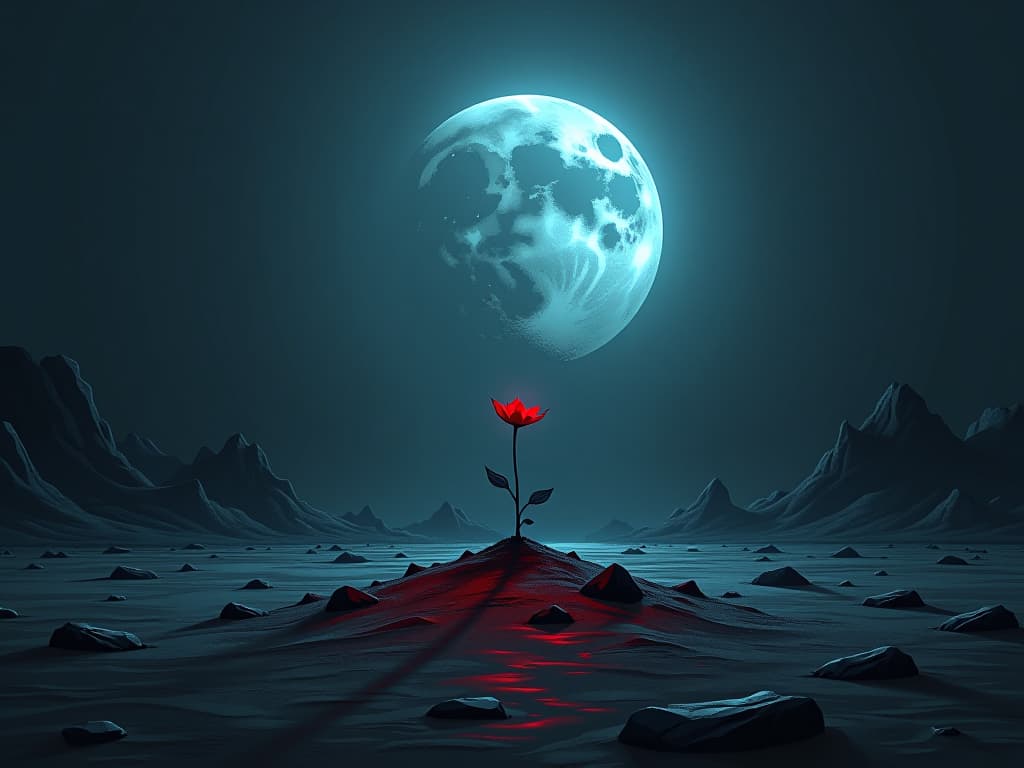  a solitary seed sprouting in a barren land, rays of eerie moonlight illuminating it, sense of new beginnings amid desolation. the style is digital art illustration / modern comic book / graphic dark novel fantasy and mysterious occult, symbolic, moody lighting, esoteric vibe,high detail on character design. for the color scheme emphasize blacks and reds.