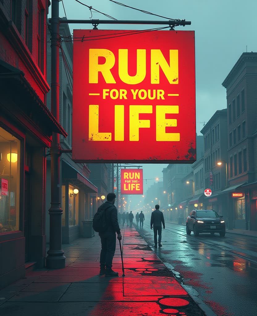  concept art a street advertising banner of sneakers with the slogan 'run for your life' against a backdrop of an urban wasteland with zombie, with the banner color red and the slogan in prominent yellow font . digital artwork, illustrative, painterly, matte painting, highly detailed