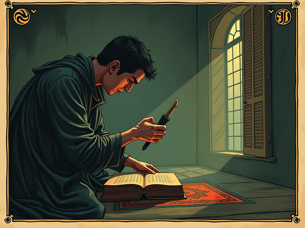  person carefully removing an ancient object, aura of cautious decision, shadows receding, sense of liberation. an illustration in the style of a worn, mystical old tarot trump card, mysterious and elements of surrealism. the colors are muted, somber and eerie, but with contrast bring out an occult and esoteric vibe.